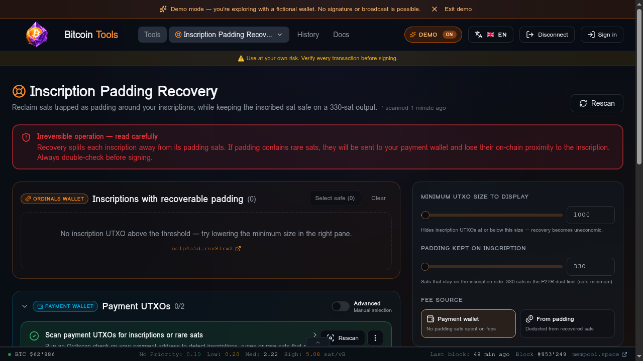 Inscription Padding Recovery — threshold slider, kept vs recovered settings