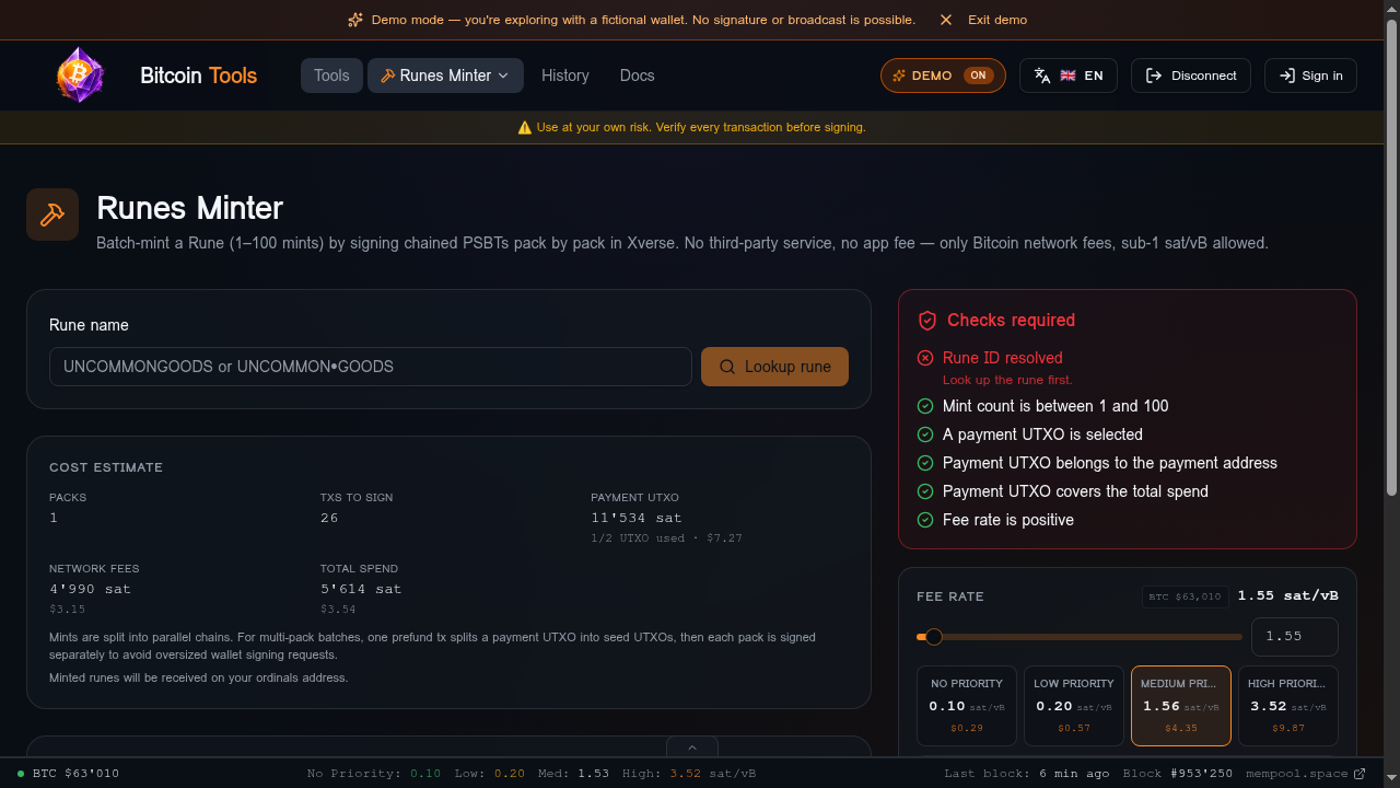 Runes Minter — rune name lookup, cost estimate, checks panel