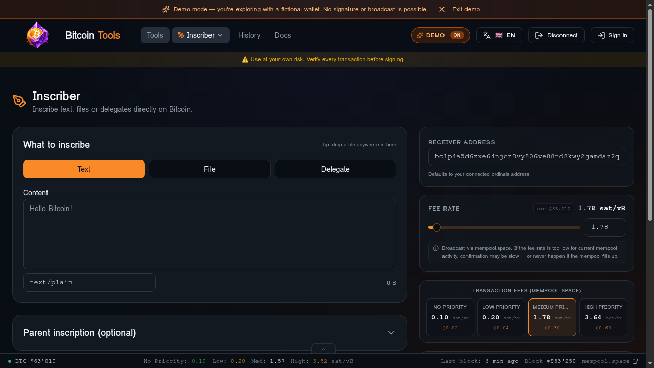 Inscriber — text / file / delegate tabs with fee panel