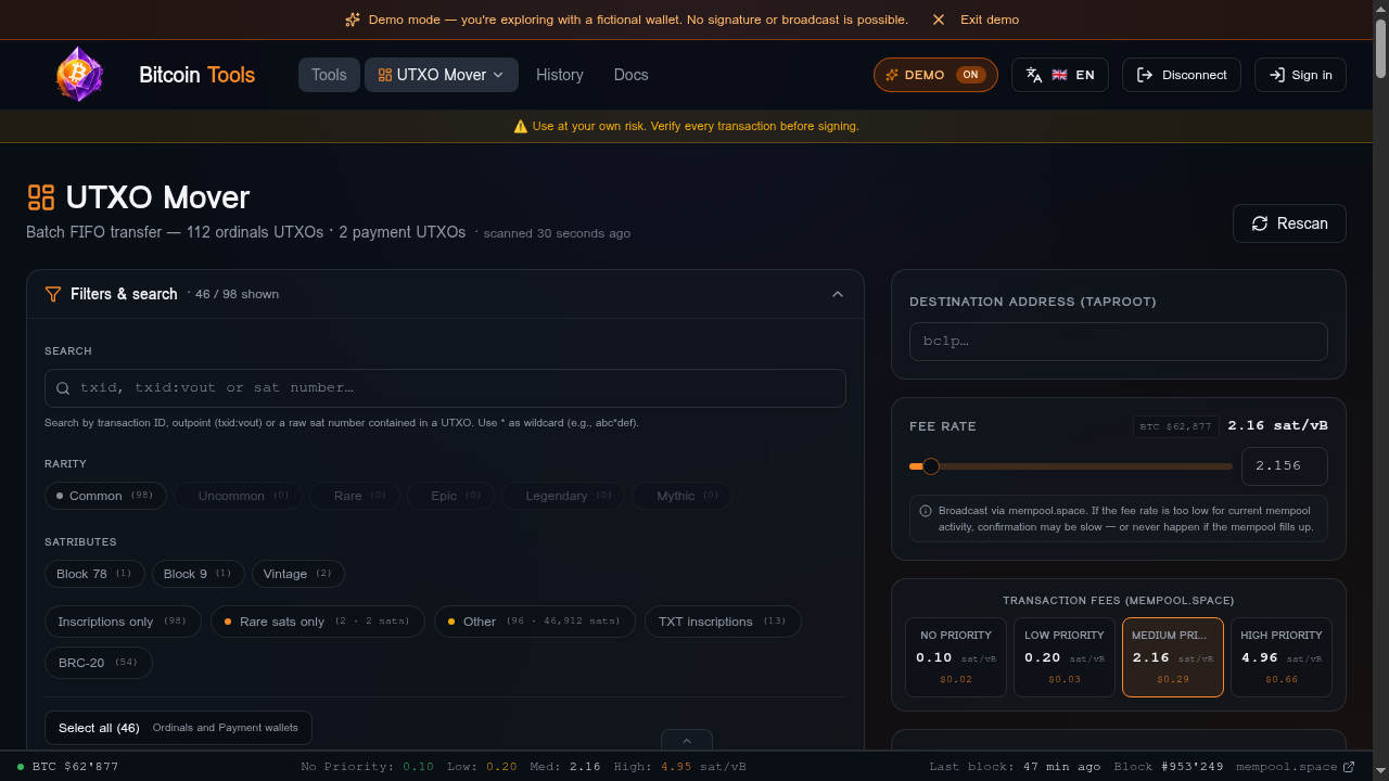 UTXO Mover with filters and fee panel