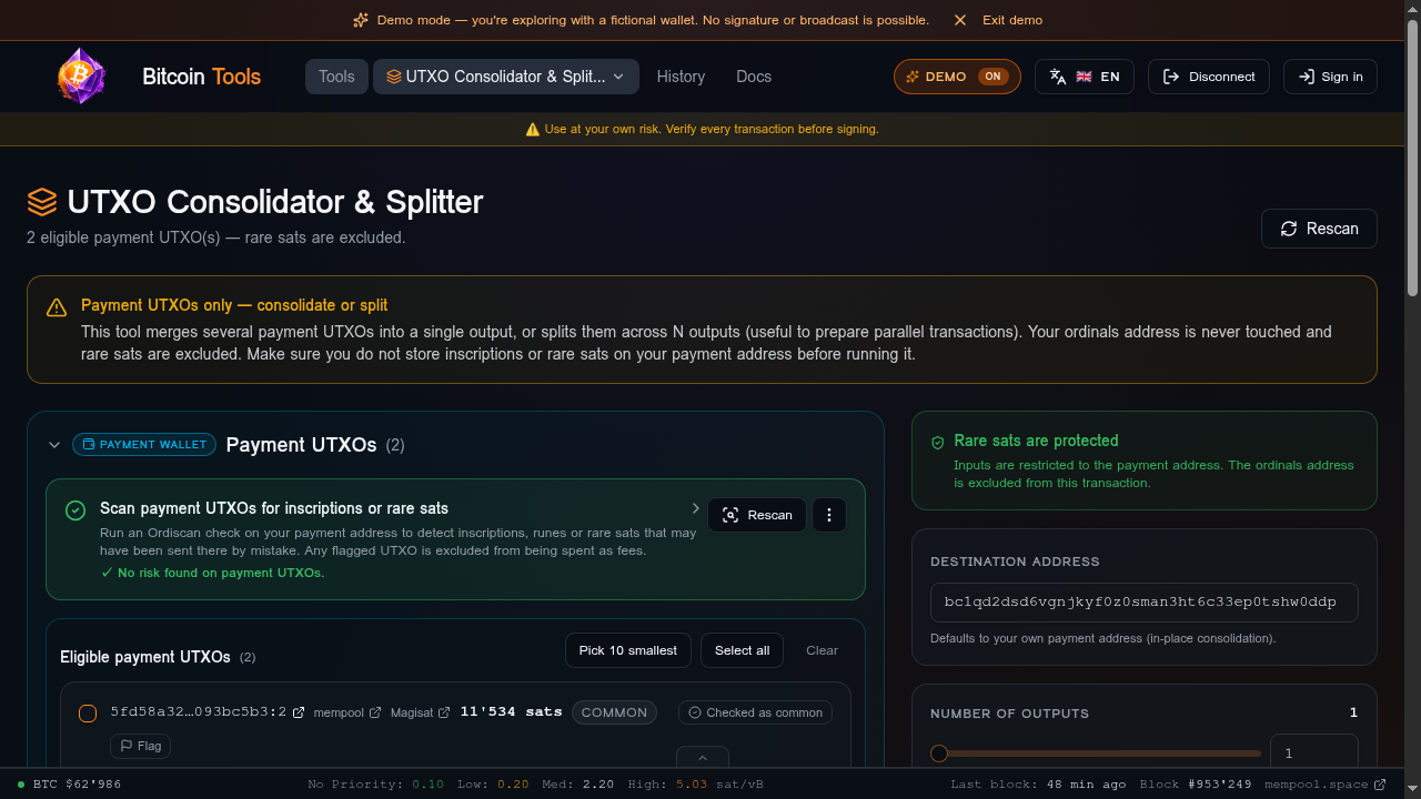 UTXO Consolidator — payment UTXOs scanned, safe to merge
