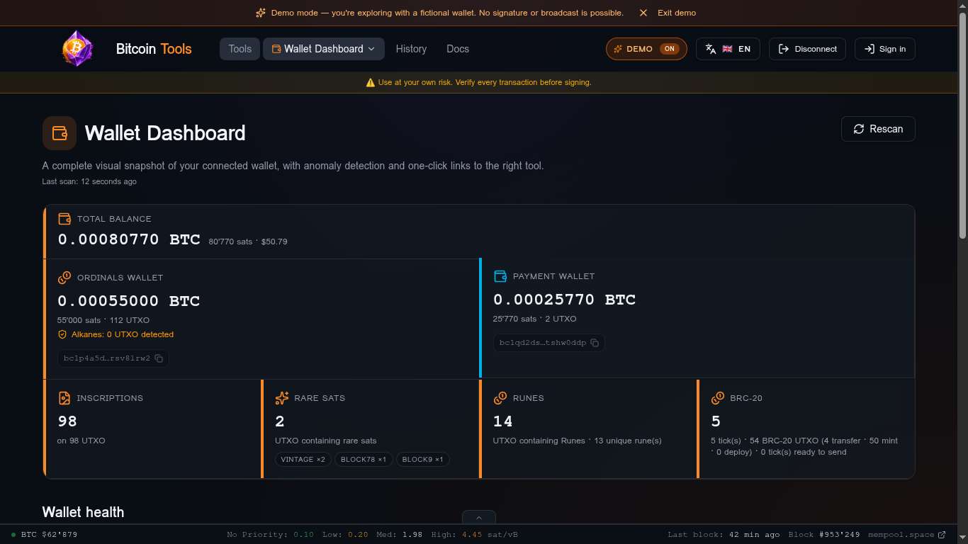 Wallet Dashboard overview showing total balance, ordinals and payment wallets, inscriptions, rare sats, runes and BRC-20 counters