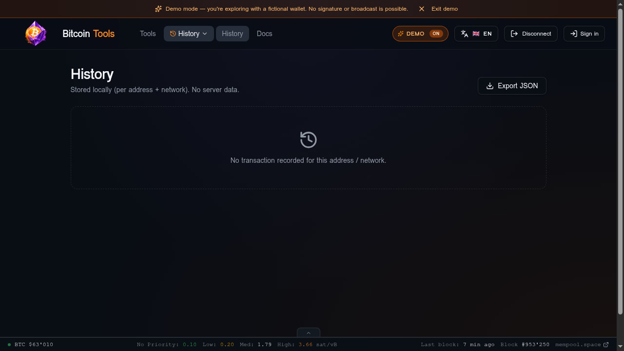 History page — local-only list of broadcast transactions