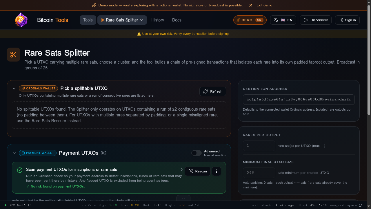 Rare Sats Splitter — pick a splittable UTXO, configure rares per output